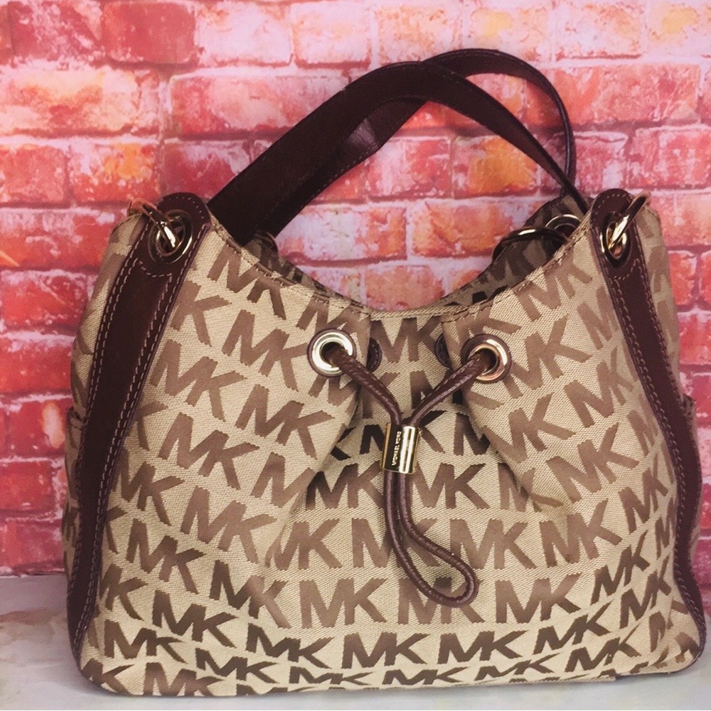 Michael Kors Brown and Tan Monogram Logo Jacquard Ludlow Hobo Bag